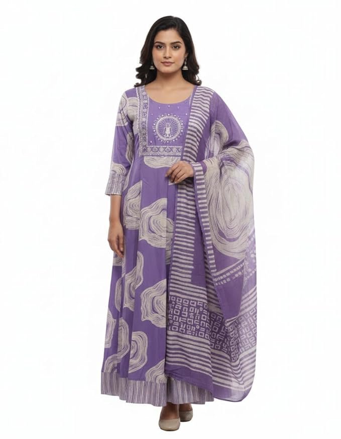 Women's Georgette Abstract Printed Salwar Suit Set | Round Neck 3/4 Sleeves Anarkali Style for women | Ankle Length | Festive Ethnic Festive, Traditional wear | Purple