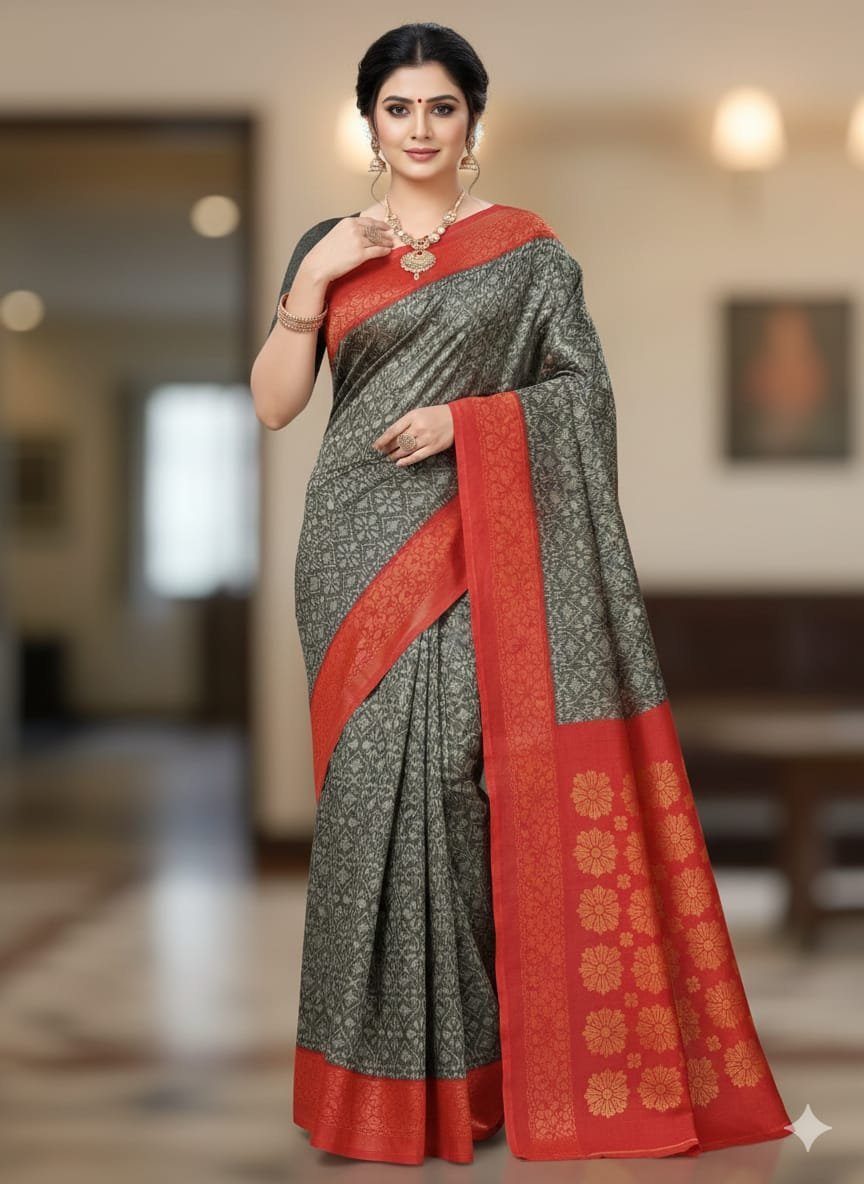 Women's Poonam silk saree | Floral Geometric Woven Pattern Contrast Floral Woven with Blouse saree for women | sari 6.25 mtr | Festive Heritage Festive wear, Black-Grey | Magenta