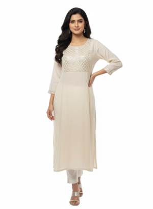 Women's Cotton Sequin Embroidered Kurti | Round Neck 3/4 Sleeves Straight Fit for women | Calf Length | Ethnic Casual, Daily wear | Cream