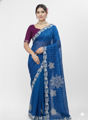 Women's Soft silk saree | Floral Embroidered & Striped Scalloped Floral Embroidered with Blouse saree for women | sari 6.25 mtr | Glamorous Ethnic Festive wear, Royal-Blue | Purple | Lime-Green