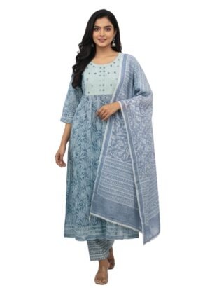 Women's Cotton Floral & Leaf Print Salwar Suit Set | Round Neck 3/4 Sleeves Anarkali Style for women | Calf Length | Casual Ethnic Festive, Vacation wear | Dusty-Blue