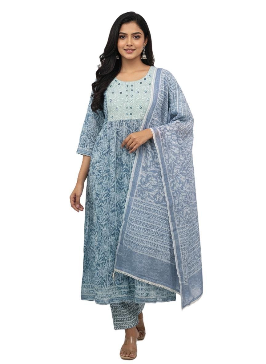 Women's Cotton Floral & Leaf Print Salwar Suit Set | Round Neck 3/4 Sleeves Anarkali Style for women | Calf Length | Casual Ethnic Festive, Vacation wear | Dusty-Blue
