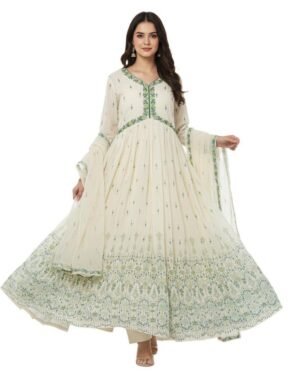 Women's Cotton Floral Ethnic Print Gown | V-Neck 3/4 Sleeves Flared Anarkali for women | Calf Length | Festive Ethnic Party wear | White-SageGreen