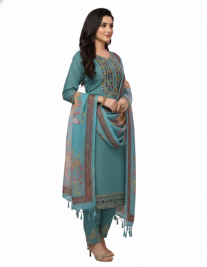 Women's Viscos-Rayon Embroidered Yoke with Floral Dupatta Print Salwar Suit Set | Round Neck 3/4 Sleeves Straight for women | Calf Length | Ethnic Festive Traditional wear | Teal-Blue | Dusty-Pink | Sage-Green | Purple