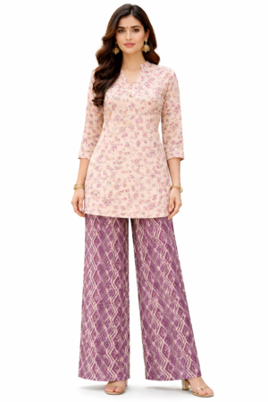 Women's Cotton Floral Printed Top with Geometric Printed Palazzo Co-ordinate Out Fit | Shirt Collar Neck 3/4 Sleeves Shirt Style Co-ord Set for women | Hip Length | Casual Ethnic Lounge, Travel wear | Cream-Pink