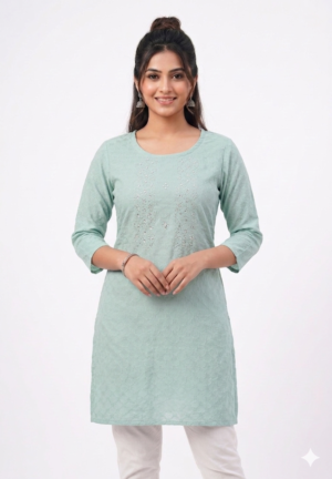 Girl's Synthetic-Blend Self Design, Stone Work Top Short | Round Neck 1/2 sleeves Straight for women | Hip length | Casual Ethnic Casual, Daily wear | Mint-Green | Olive-Green | Charcoal-Gray | Mauve-Pink