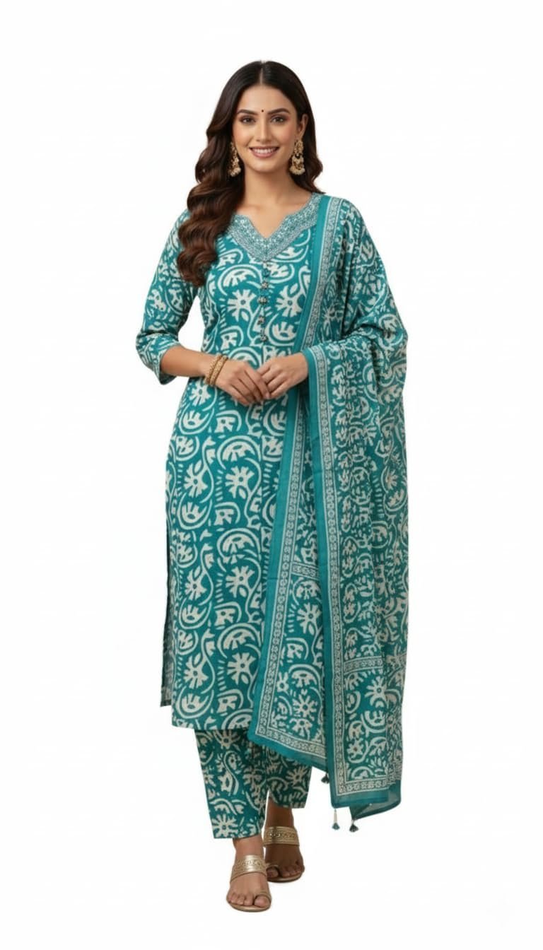 Women's Cotton Abstract Ethnic Print Salwar Suit Set | V-Neck 3/4 Sleeves Straight Fit for women | Calf Length | Traditional Ethnic Casual, Office wear | Teal-Blue