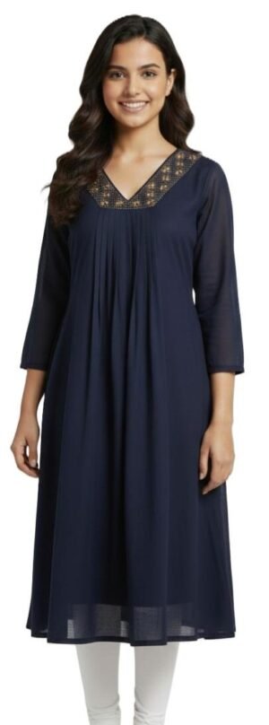 Women's Visitra-Silk Solid with Embellished Yoke Gown | V-Neck 3/4 Sleeves Flared A-Line for women | Calf Length | Elegant Ethnic Evening wear | Navy-Blue