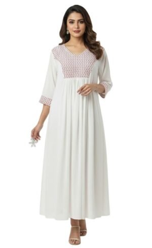 Women's Viscos-Rayon Geometric Yoke Print Kurti | V-Neck 3/4 Sleeves Flared Anarkali Style for women | Floor Length | Elegant Ethnic Casual, Evening wear | White