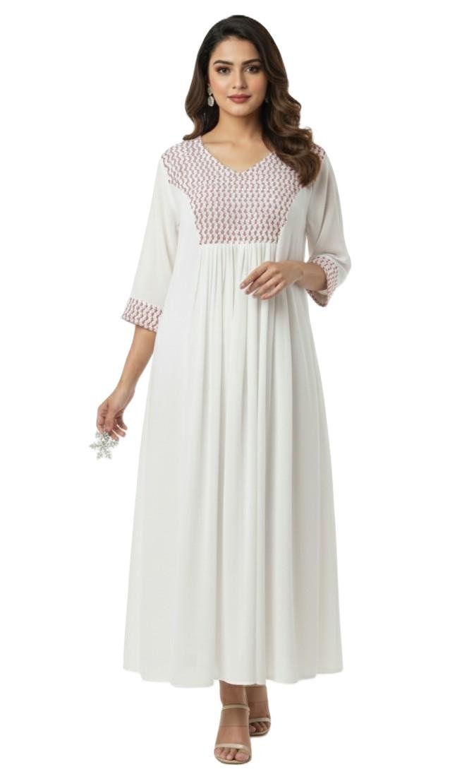 Women's Viscos-Rayon Geometric Yoke Print Kurti | V-Neck 3/4 Sleeves Flared Anarkali Style for women | Floor Length | Elegant Ethnic Casual, Evening wear | White