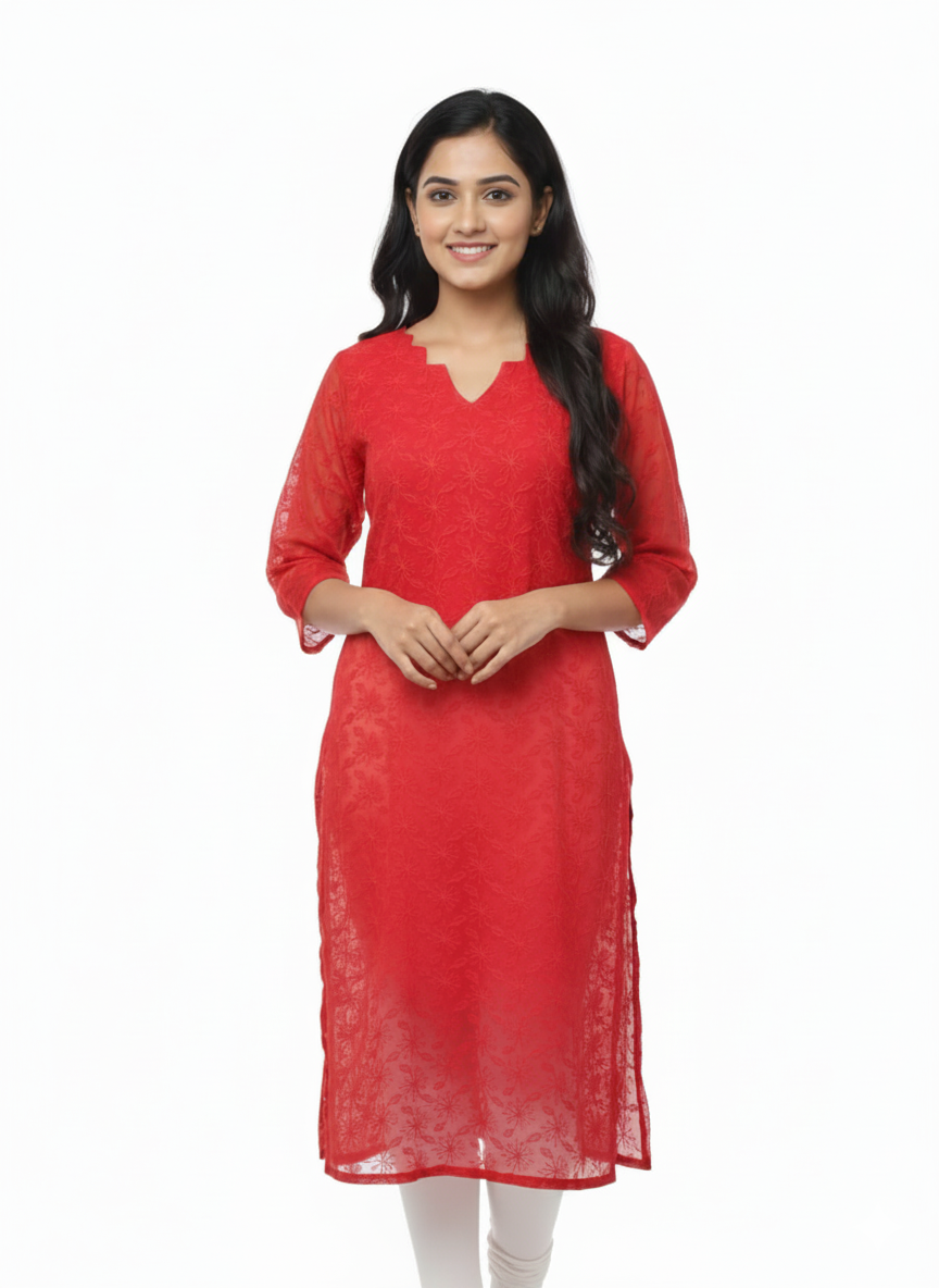 Women's Net Fabric with Lining Self Floral Embroidered Kurti | Notch Neck 3/4 Sleeves Straight Fit for women | Knee Length | Minimal Ethnic Festive wear | Red