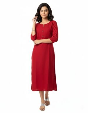 Women's Rayon Blend Solid Pintuck Kurti | Split Round Neck 3/4 Sleeves Straight Kurti for women | Calf Length | Minimal Ethnic Festive wear | Red