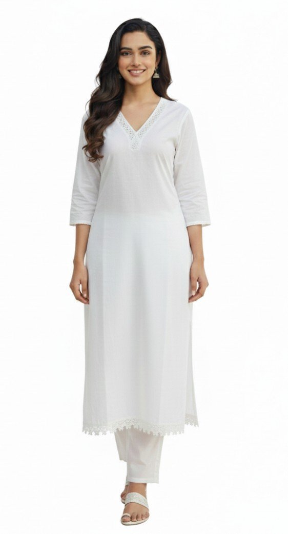 Women's Rayon Solid Lace Detail Kurti | V-Neck 3/4 Sleeves Straight Kurti for women | Calf Length | Minimal Ethnic Casual, Daily wear | Cream