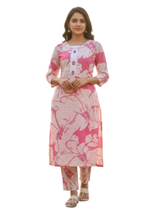 Women's Cotton Floral Print CordSet | Round Neck 3/4 Sleeves Straight Kurti Set for women | Calf Length | Floral Ethnic Lounge, Travel wear | Pink-White