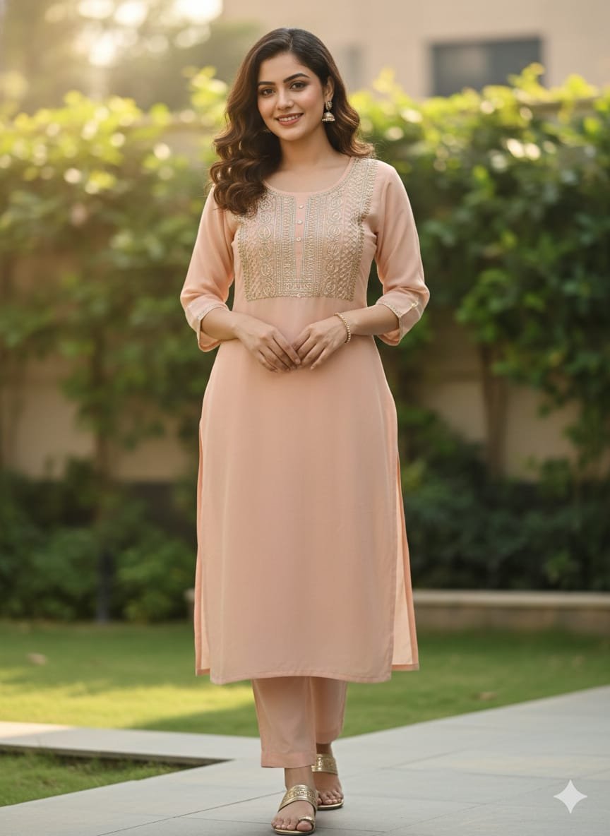 Women's Cotton Embroidered Solid CordSet | Round Neck 3/4 Sleeves Straight Kurti Set for women | Calf Length | Elegant Ethnic Casual, Office wear | Peach | Sea-Green