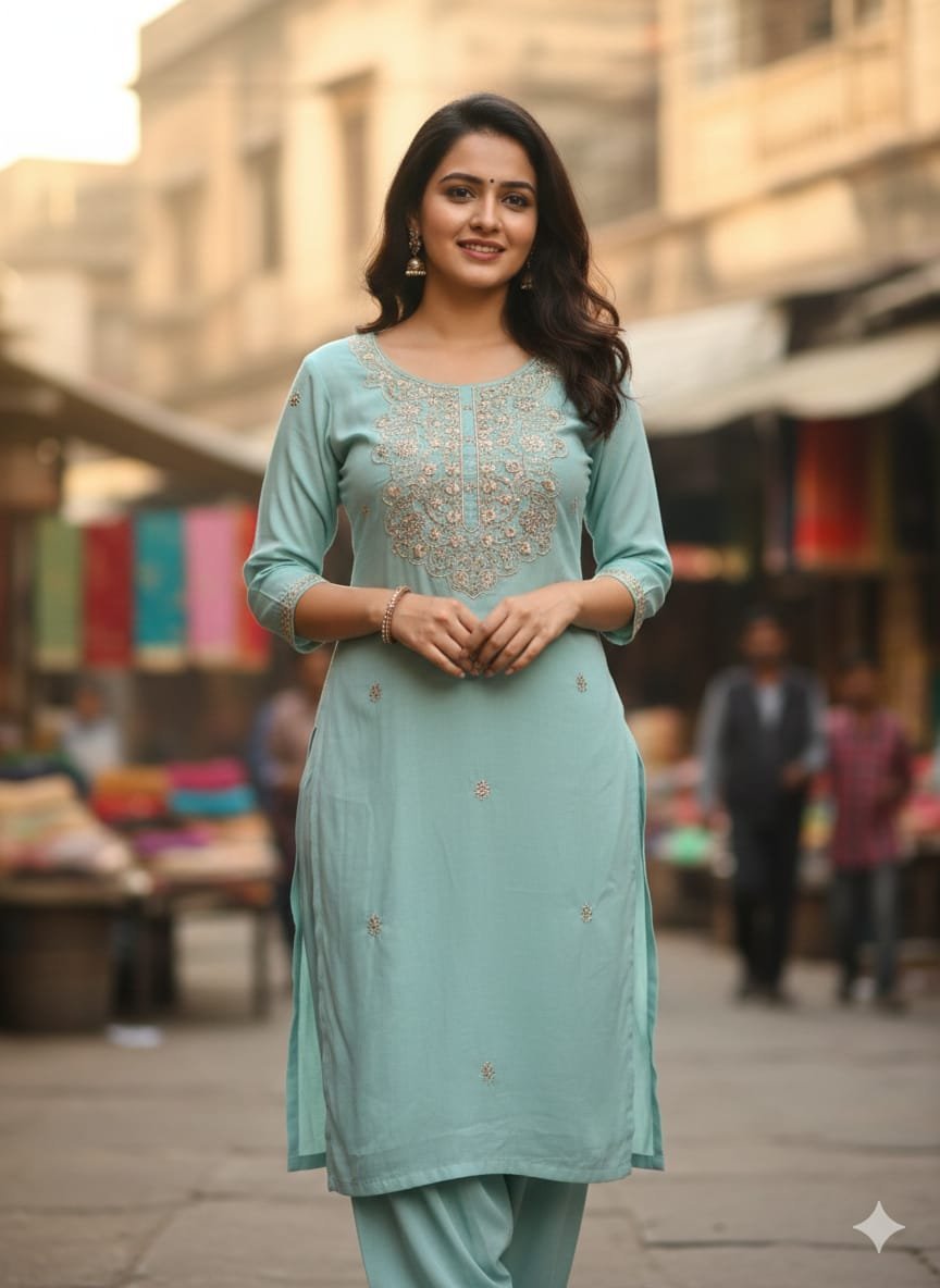Women's Cotton Embroidered Solid CordSet | Round Neck 3/4 Sleeves Straight Kurti Set for women | Calf Length | Elegant Ethnic Casual, Office wear | Peach | Sea-Green - Image 2