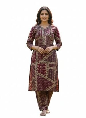 Women's Rayon Ethnic Geometric Print CordSet | Split Round Neck 3/4 Sleeves Straight Kurti Set for women | Calf Length | Traditional Ethnic Daily wear | Wine-Purple | Maroon | Pink