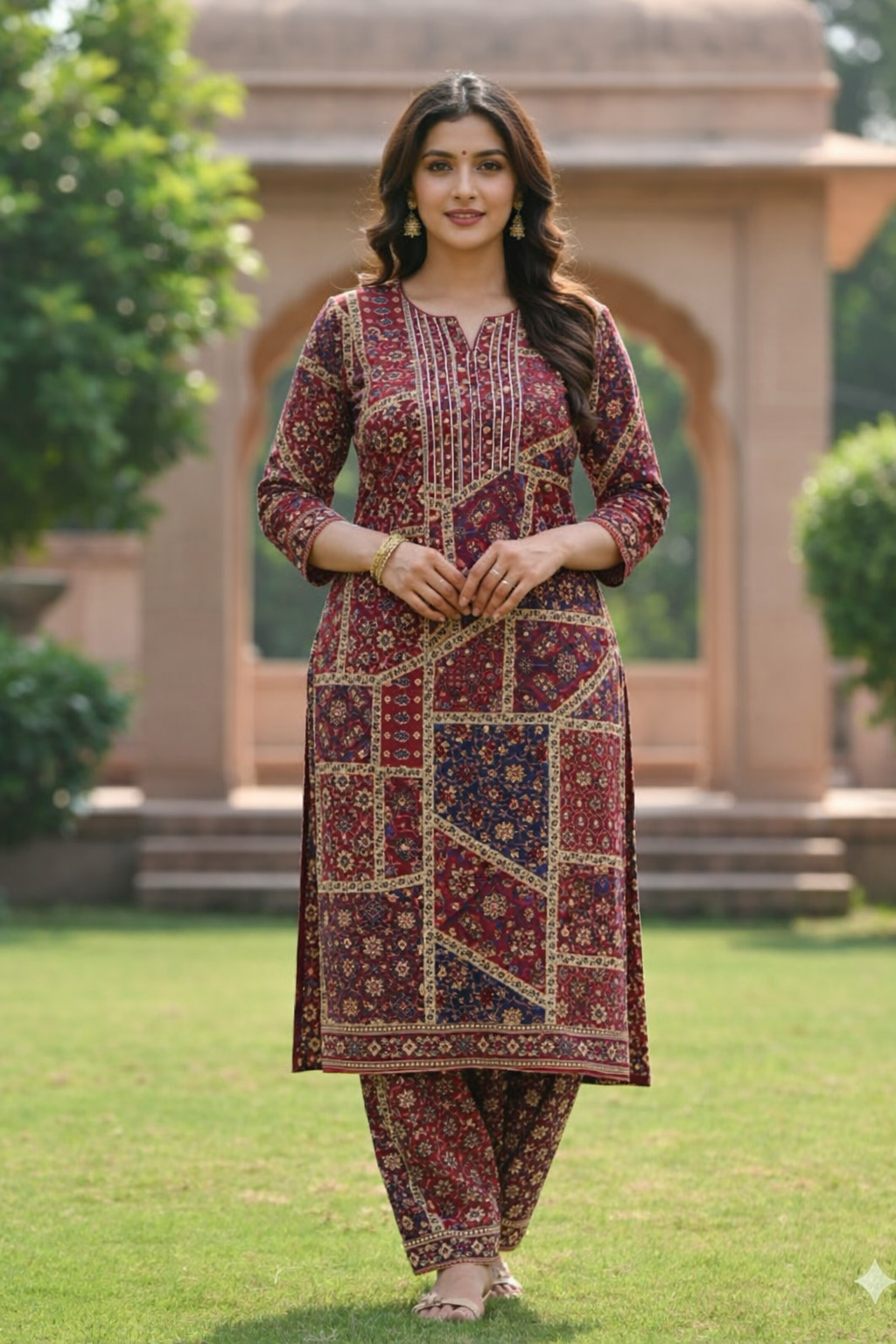Women's Rayon Ethnic Geometric Print CordSet | Split Round Neck 3/4 Sleeves Straight Kurti Set for women | Calf Length | Traditional Ethnic Daily wear | Wine-Purple | Maroon | Pink - Image 2