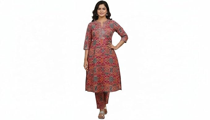 Women's Rayon Ethnic Geometric Print CordSet | Split Round Neck 3/4 Sleeves Straight Kurti Set for women | Calf Length | Traditional Ethnic Daily wear | Wine-Purple | Maroon | Pink - Image 3