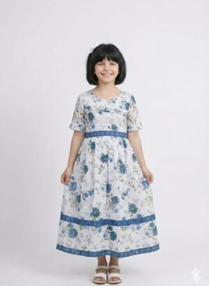 Girl's Soft Cotton Blend Floral Print Top Frock | Round Neck Half Sleeves Tiered Frock for women | Midi Length | Cute Party Birthday, Casual wear | Blue  | Maroon