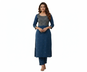 Women's Cotton Embroidered Yoke & Solid Top | Round Neck 3/4 Sleeves Straight for women | Calf Length | Festive Ethnic Casual wear | Blue | Brown | Maroon
