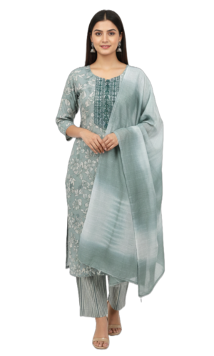 Women's Cotton Floral Print & Embroidered Salwar Suit Set | Round Neck 3/4 Sleeves Straight Fit for women | Calf Length | Elegant Ethnic Office, Festive wear | Sage-Green | Purple (2)