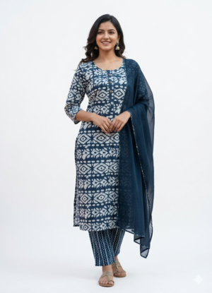 Women's Cotton Batik Print Salwar Suit Set | Round Neck 3/5 Sleeves Straight Fit for women | Calf Length | Ethnic casual Office, Festive wear | NavyBlue-White | Red-White | OliveGreen-White