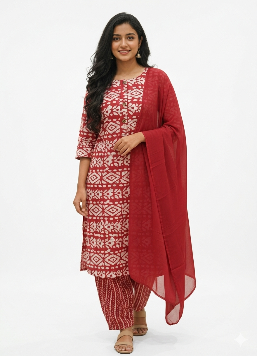 Women's Cotton Batik Print Salwar Suit Set | Round Neck 3/5 Sleeves Straight Fit for women | Calf Length | Ethnic casual Office, Festive wear | NavyBlue-White | Red-White | OliveGreen-White - Image 2
