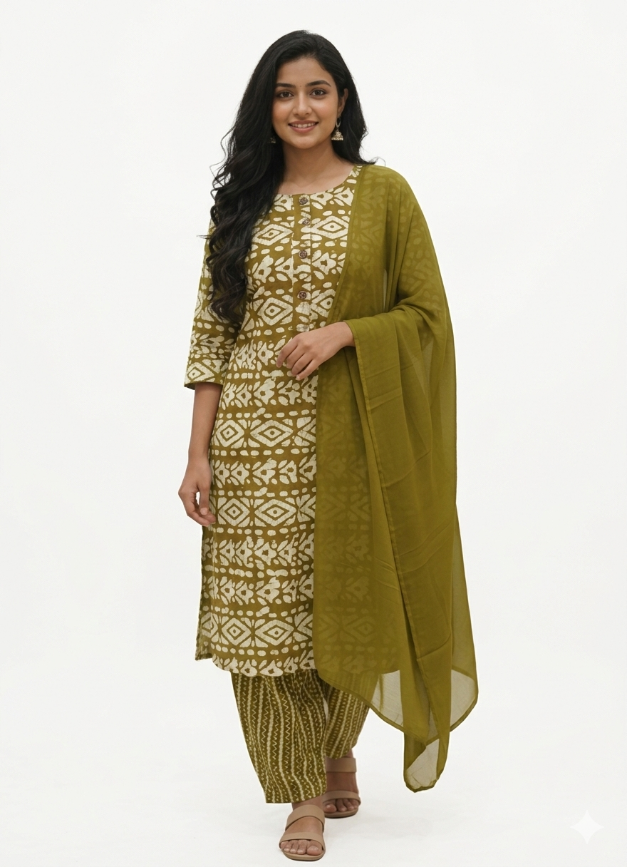 Women's Cotton Batik Print Salwar Suit Set | Round Neck 3/5 Sleeves Straight Fit for women | Calf Length | Ethnic casual Office, Festive wear | NavyBlue-White | Red-White | OliveGreen-White - Image 3