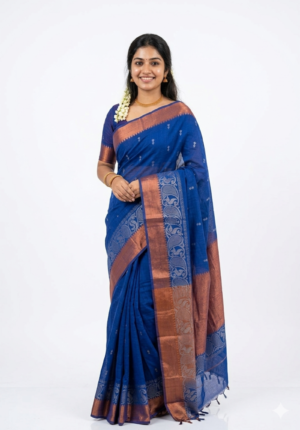 Women's Cotton saree | Floral Print::Woven Copper Zari Paisley Border without Blouse saree for women | sari 5.5 mtr | South Indian Traditional Festival wear, Blue | Musted-Yellow | Maroon | Dark-Pink | Bright-Red | Deep-Purple