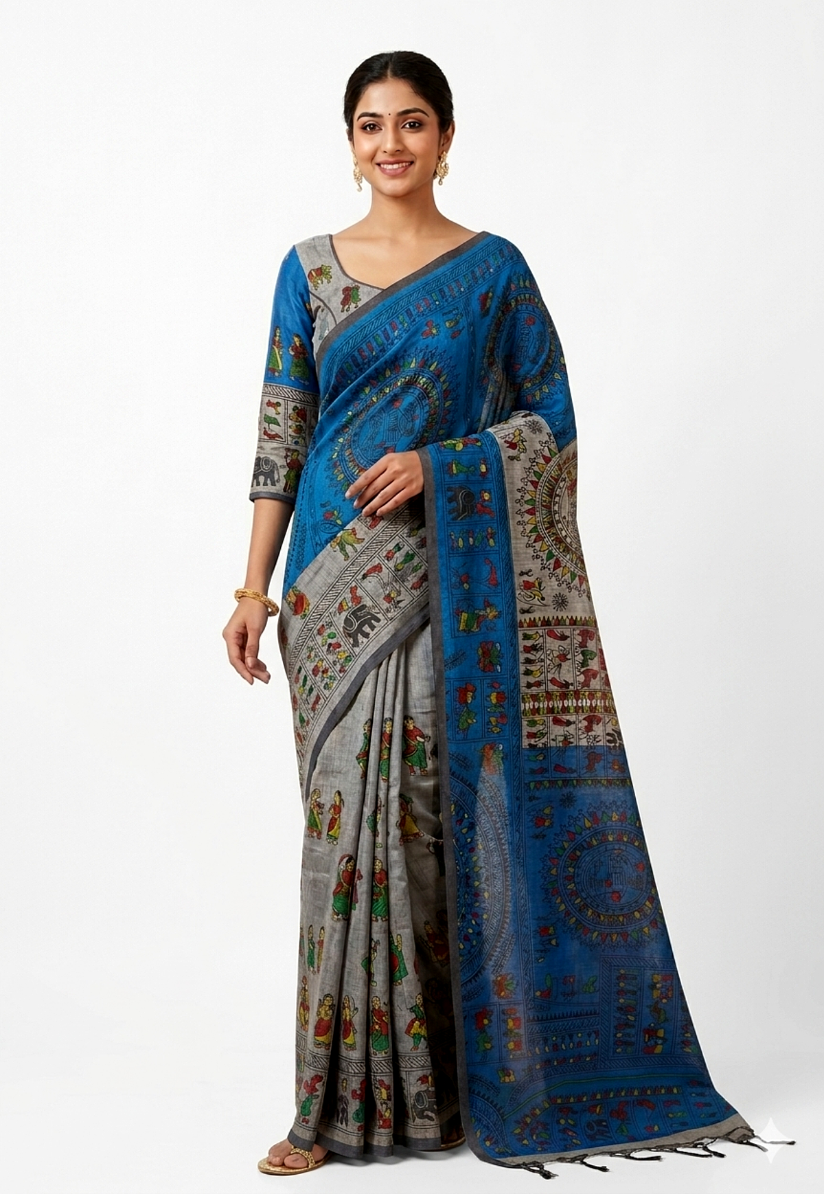 Women's Poly Silk saree | Printed::Paisley Tribal Art Border with Blouse saree for women | sari 6.25 mtr | Folk Art Festival wear, Blue | Green | Pink | Red