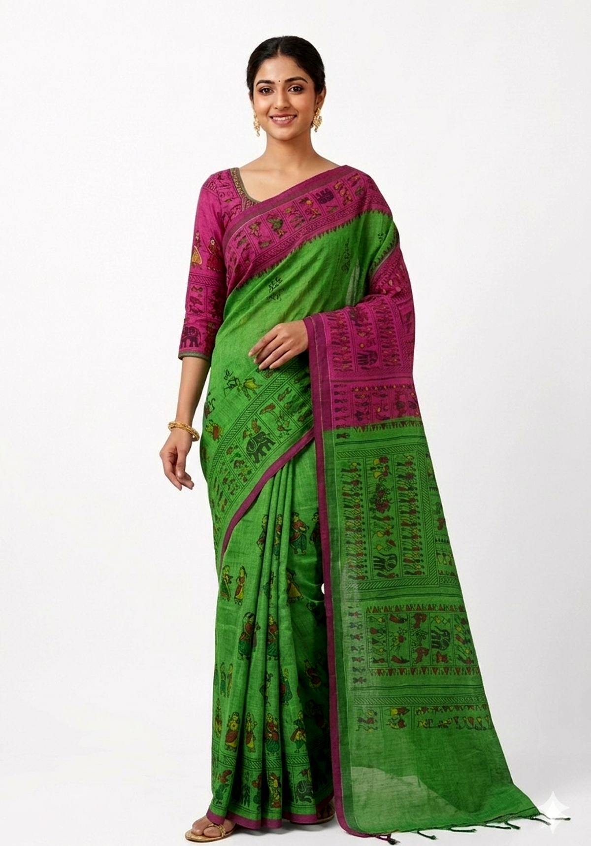 Women's Poly Silk saree | Printed::Paisley Tribal Art Border with Blouse saree for women | sari 6.25 mtr | Folk Art Festival wear, Blue | Green | Pink | Red - Image 2