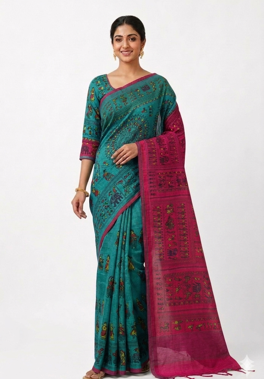 Women's Poly Silk saree | Printed::Paisley Tribal Art Border with Blouse saree for women | sari 6.25 mtr | Folk Art Festival wear, Blue | Green | Pink | Red - Image 3