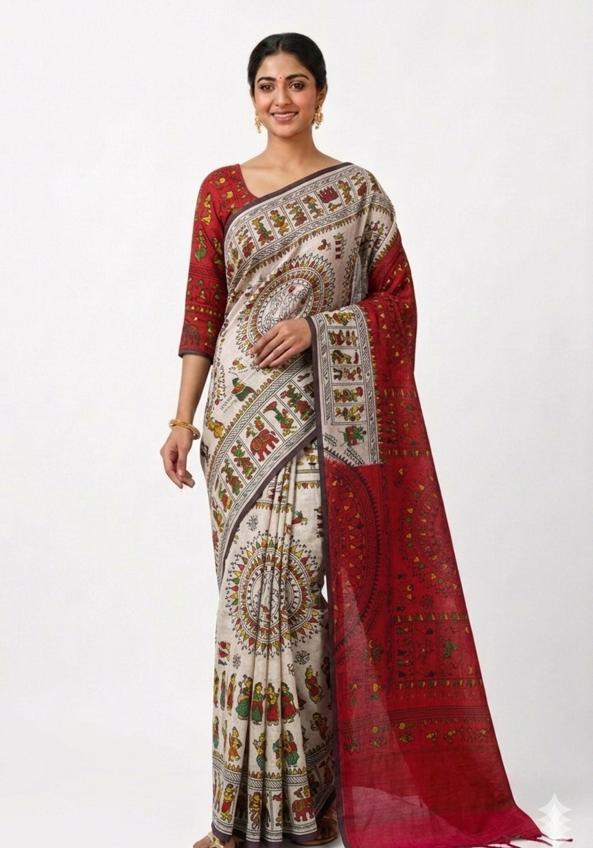Women's Poly Silk saree | Printed::Paisley Tribal Art Border with Blouse saree for women | sari 6.25 mtr | Folk Art Festival wear, Blue | Green | Pink | Red - Image 4