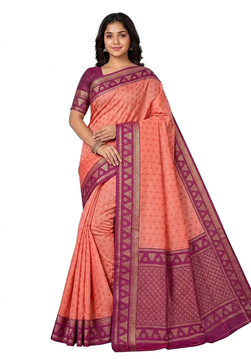 Women's Polycotton saree | Self Design::Woven Zari Border with Blouse saree for women | sari 6.25 mtr | Classic Ethnic Festival wear, Peach-Pink | Purple