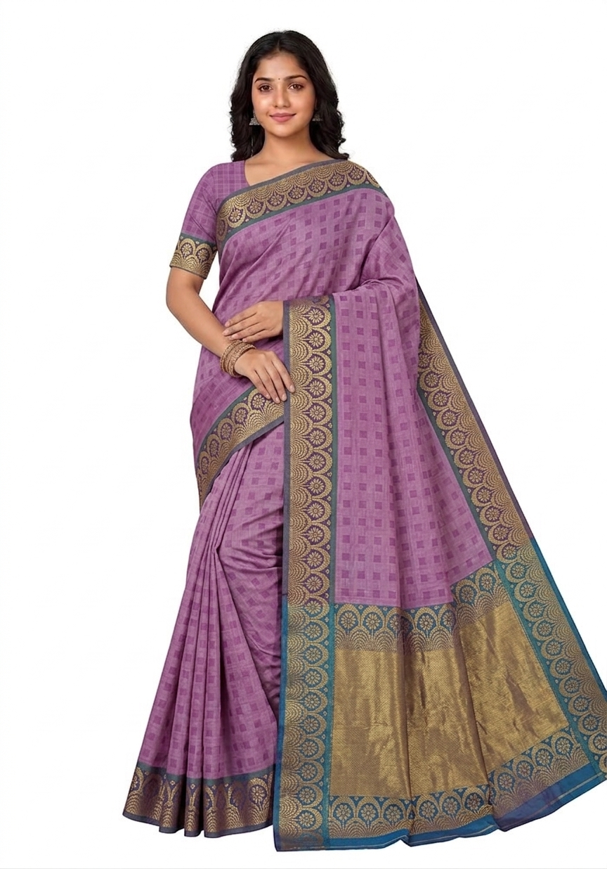 Women's Polycotton saree | Self Design::Woven Zari Border with Blouse saree for women | sari 6.25 mtr | Classic Ethnic Festival wear, Peach-Pink | Purple - Image 2