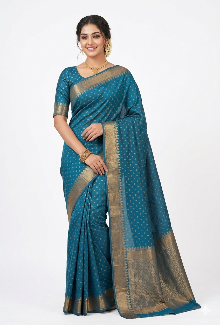 Women's Faux Silk saree | Printed::Woven Gold Zari Border with Blouse saree for women | sari 6.25 mtr | Classic Ethnic Festival wear, Teal-Blue | Dark-Blue | Coffee-Brown | Mauve-Pink