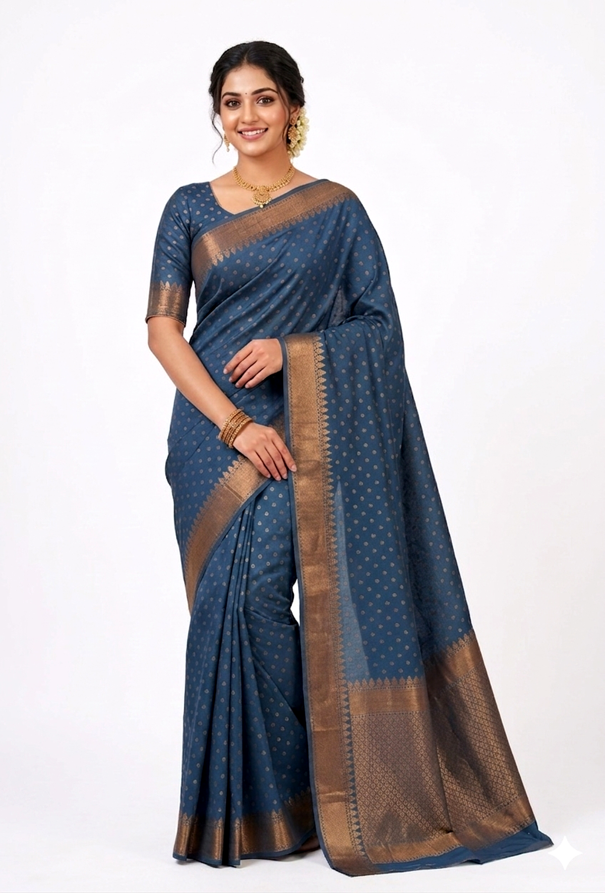 Women's Faux Silk saree | Printed::Woven Gold Zari Border with Blouse saree for women | sari 6.25 mtr | Classic Ethnic Festival wear, Teal-Blue | Dark-Blue | Coffee-Brown | Mauve-Pink - Image 2