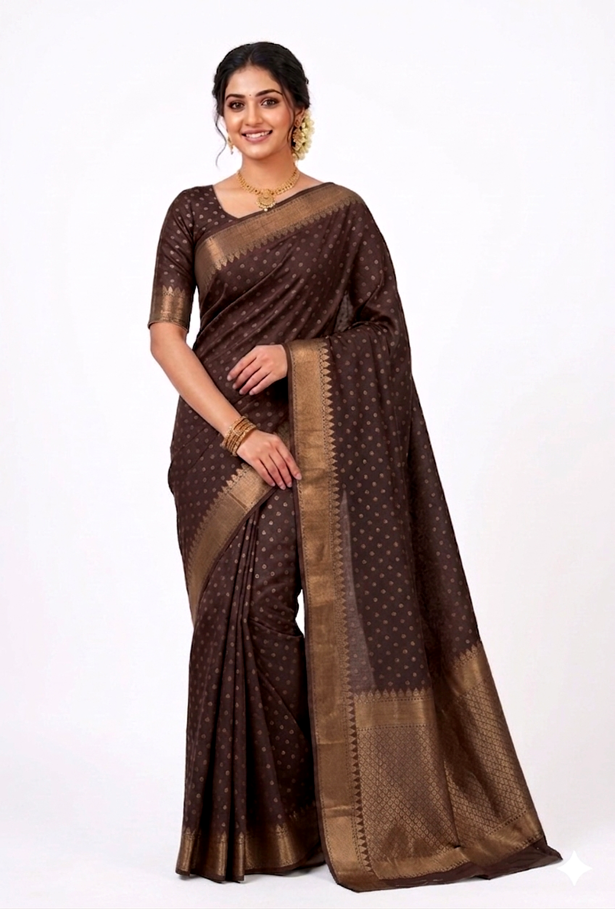 Women's Faux Silk saree | Printed::Woven Gold Zari Border with Blouse saree for women | sari 6.25 mtr | Classic Ethnic Festival wear, Teal-Blue | Dark-Blue | Coffee-Brown | Mauve-Pink - Image 3