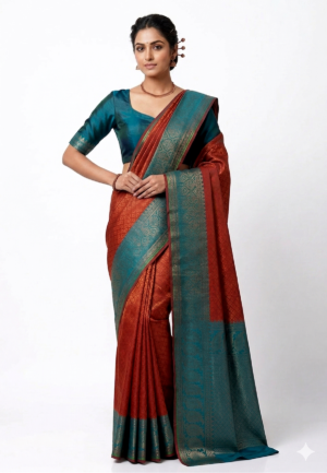 Women's Art Silk saree | Self Design::Woven::Temple Border Wide Zari Border  with Blouse saree for women | sari 6.25 mtr | Festive Ethnic Festival wear, Red | Cream | Purple