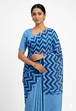 Women's Polyester saree | Geometric Print::Printed Plain Border  with Blouse saree for women | sari 6.25 mtr | Zigzag Design Festival wear, Blue | Green | Peach |  | Teal-Blue | Dark-Navy | Musted-Yellow | Bright-Red