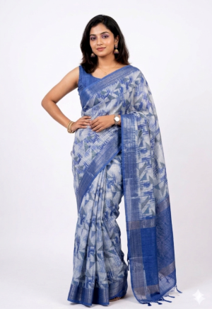 Women's Polyester saree | Geometric Print Blue Border  with Blouse saree for women | sari 6.25 mtr | Abstract Theme Festival wear, Blue | Green | Purple