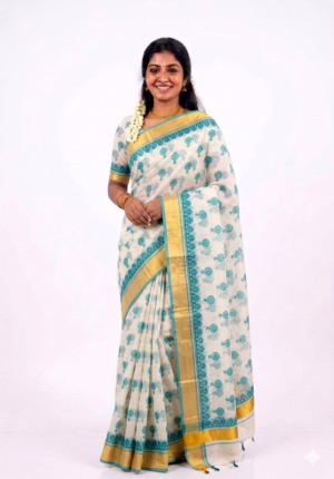 Women's Cotton Silk saree | Floral Print::Printed Golden Border with Blouse saree for women | sari 6.25 mtr | Floral Butta Festival wear, Offwhite-Blue | Green | Orange | Maroon | Sky-Blue | Soft-Pink | Peach | Light-Green