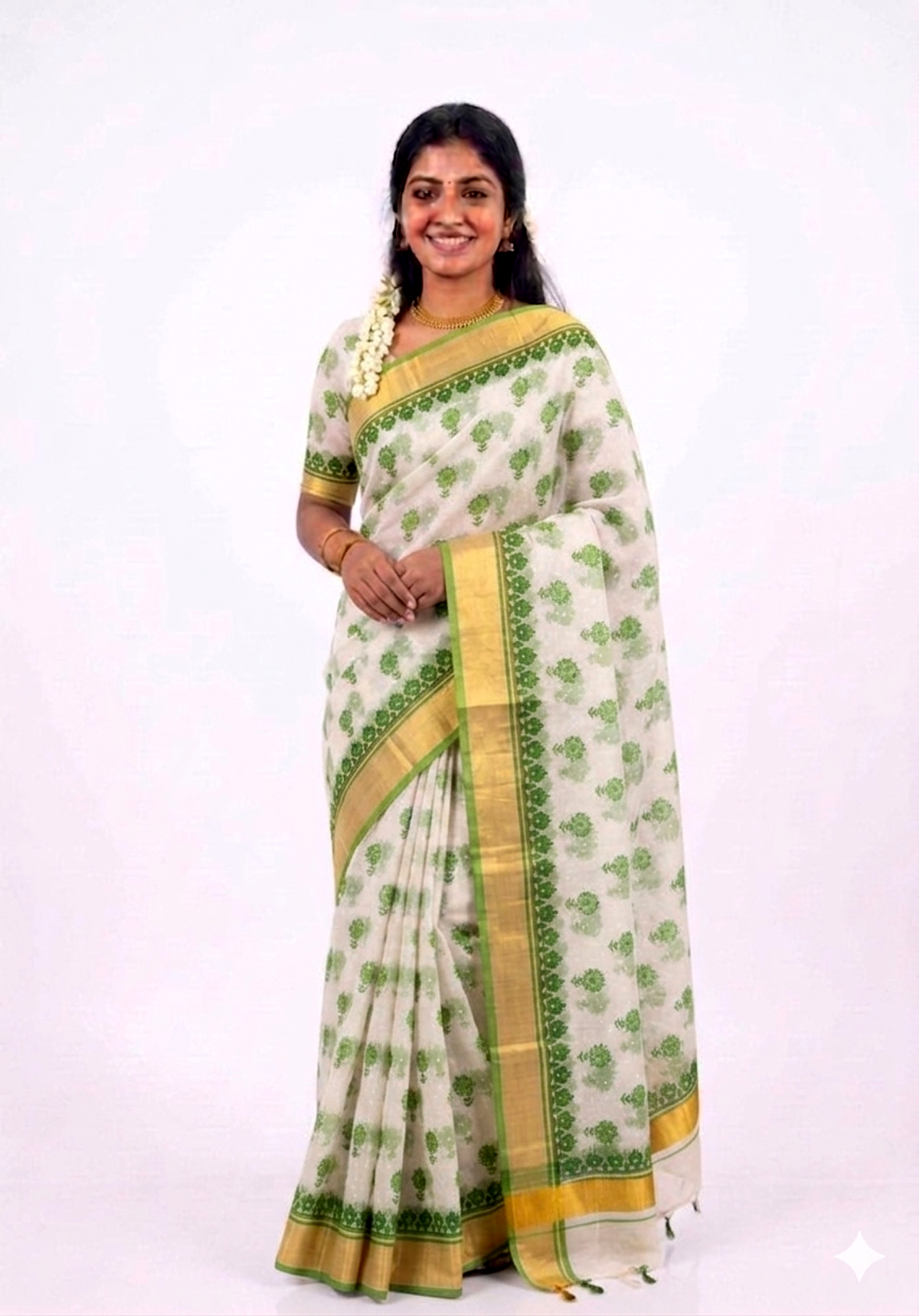 Women's Cotton Silk saree | Floral Print::Printed Golden Border with Blouse saree for women | sari 6.25 mtr | Floral Butta Festival wear, Offwhite-Blue | Green | Orange | Maroon | Sky-Blue | Soft-Pink | Peach | Light-Green - Image 2