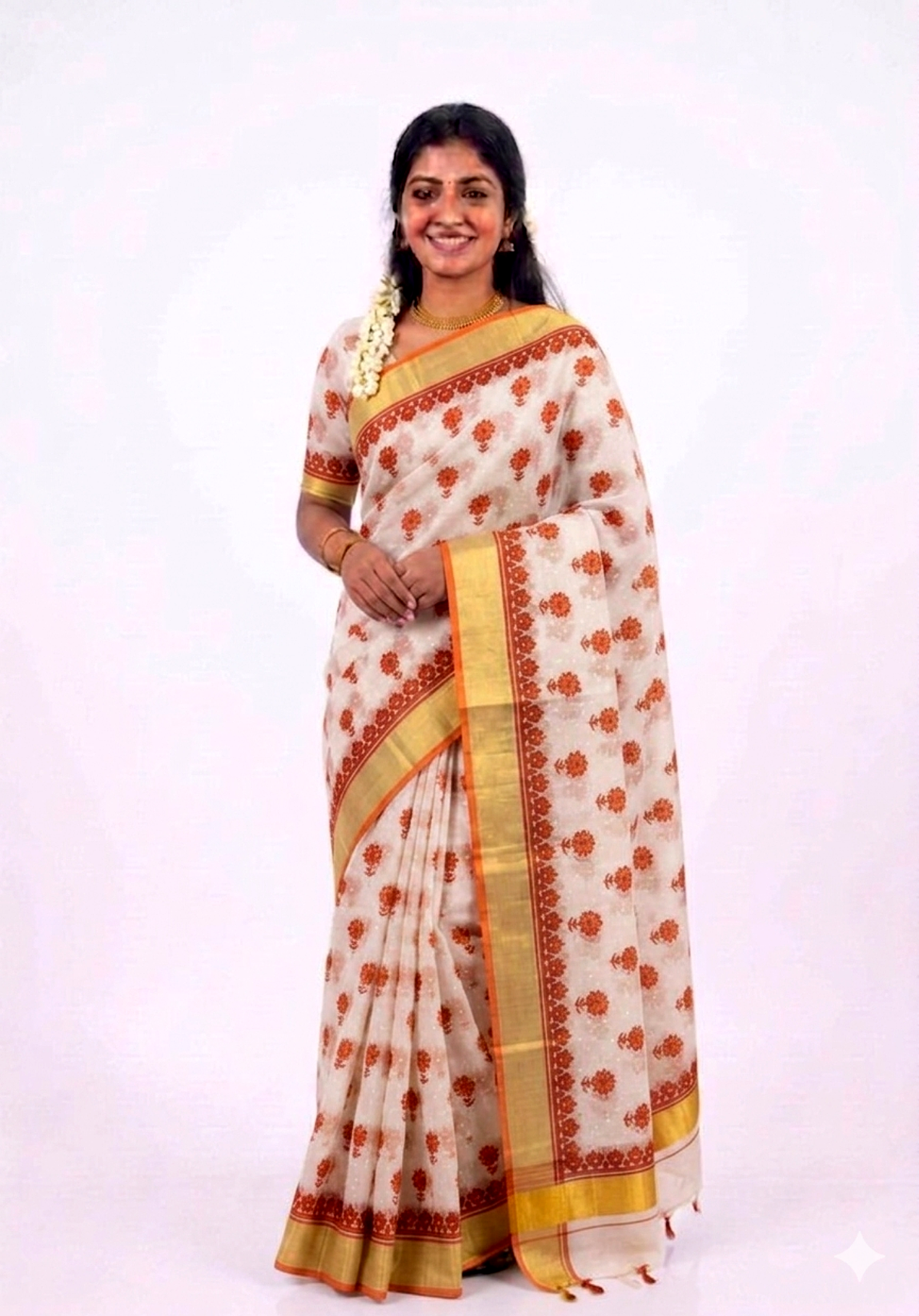 Women's Cotton Silk saree | Floral Print::Printed Golden Border with Blouse saree for women | sari 6.25 mtr | Floral Butta Festival wear, Offwhite-Blue | Green | Orange | Maroon | Sky-Blue | Soft-Pink | Peach | Light-Green - Image 3