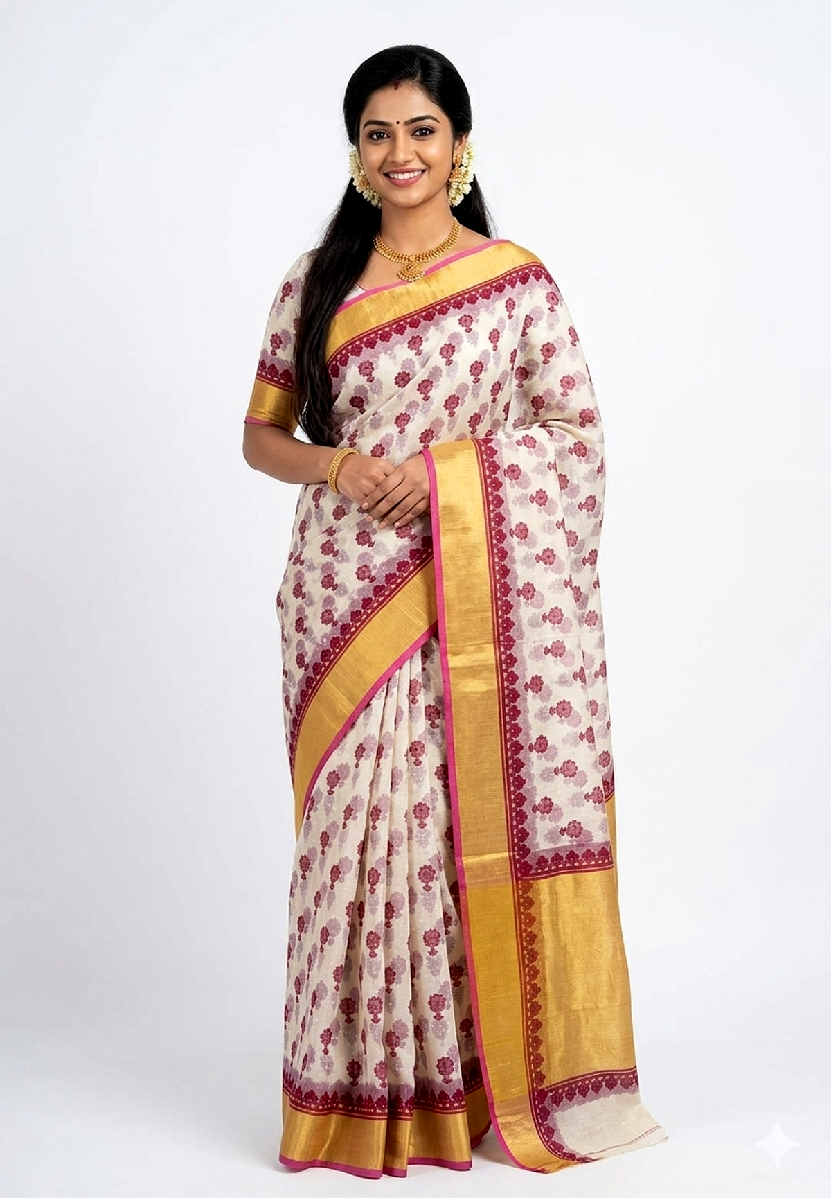 Women's Cotton Silk saree | Floral Print::Printed Golden Border with Blouse saree for women | sari 6.25 mtr | Floral Butta Festival wear, Offwhite-Blue | Green | Orange | Maroon | Sky-Blue | Soft-Pink | Peach | Light-Green - Image 4