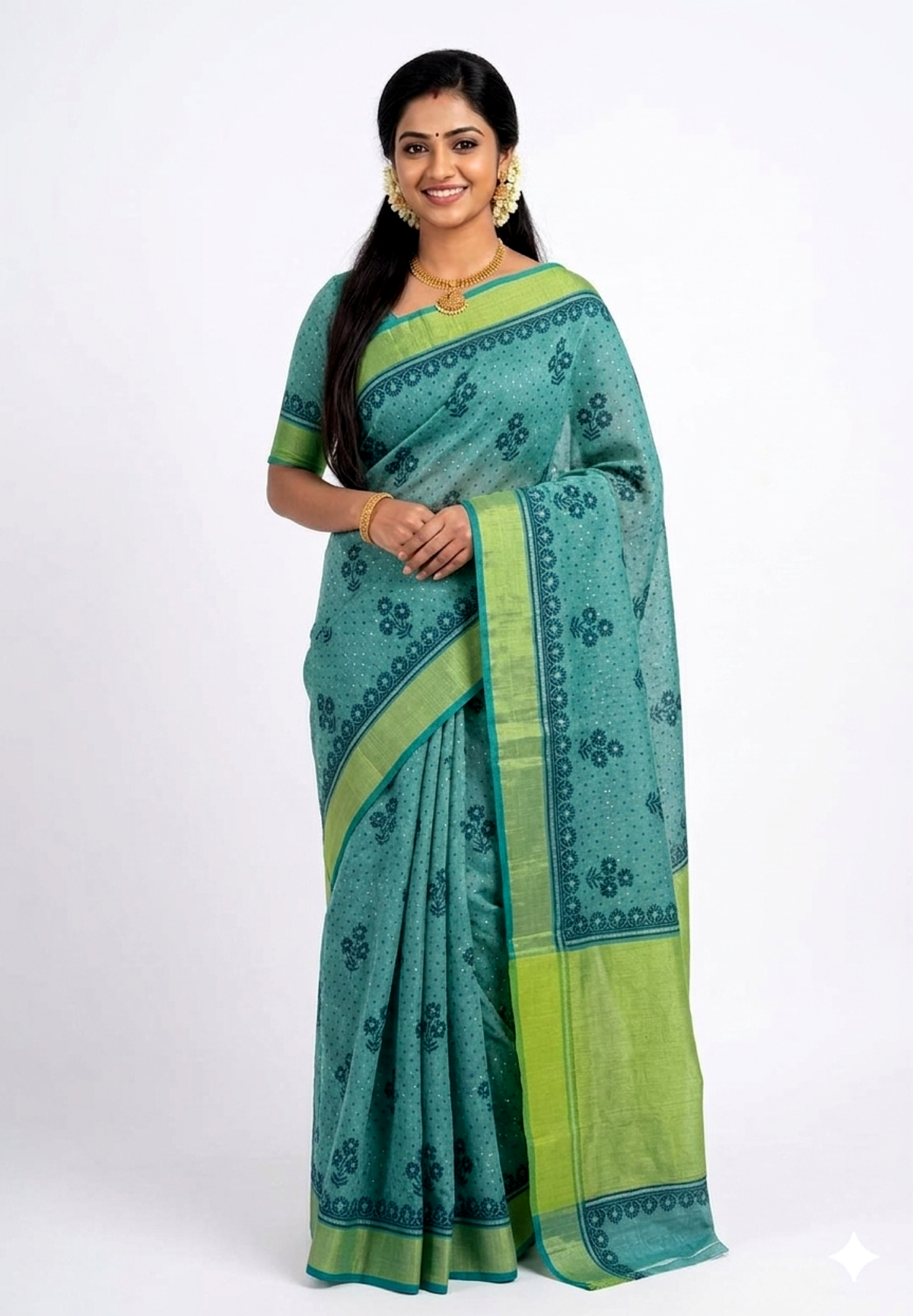 Women's Cotton Silk saree | Floral Print::Printed Golden Border with Blouse saree for women | sari 6.25 mtr | Floral Butta Festival wear, Offwhite-Blue | Green | Orange | Maroon | Sky-Blue | Soft-Pink | Peach | Light-Green - Image 5