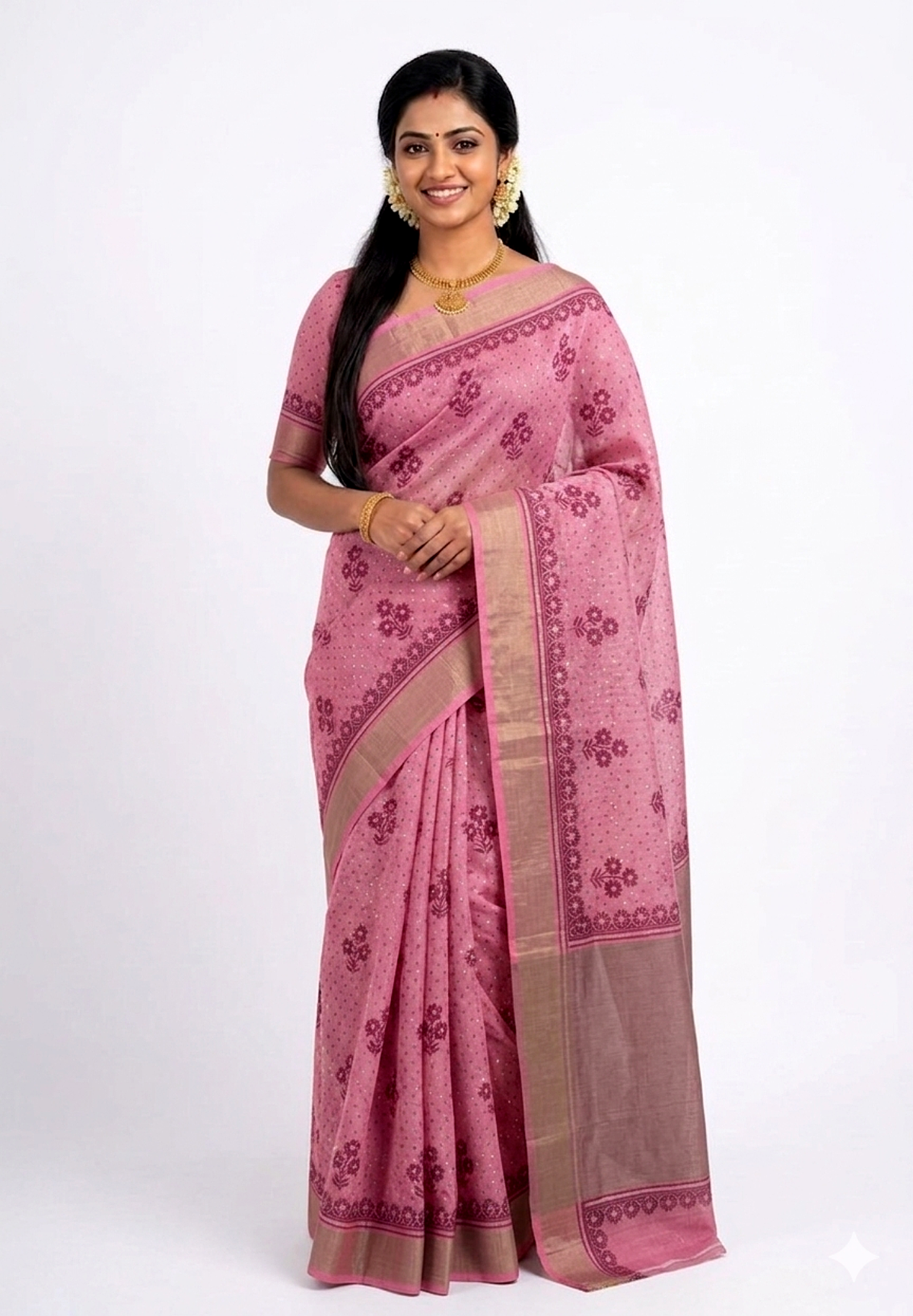 Women's Cotton Silk saree | Floral Print::Printed Golden Border with Blouse saree for women | sari 6.25 mtr | Floral Butta Festival wear, Offwhite-Blue | Green | Orange | Maroon | Sky-Blue | Soft-Pink | Peach | Light-Green - Image 6
