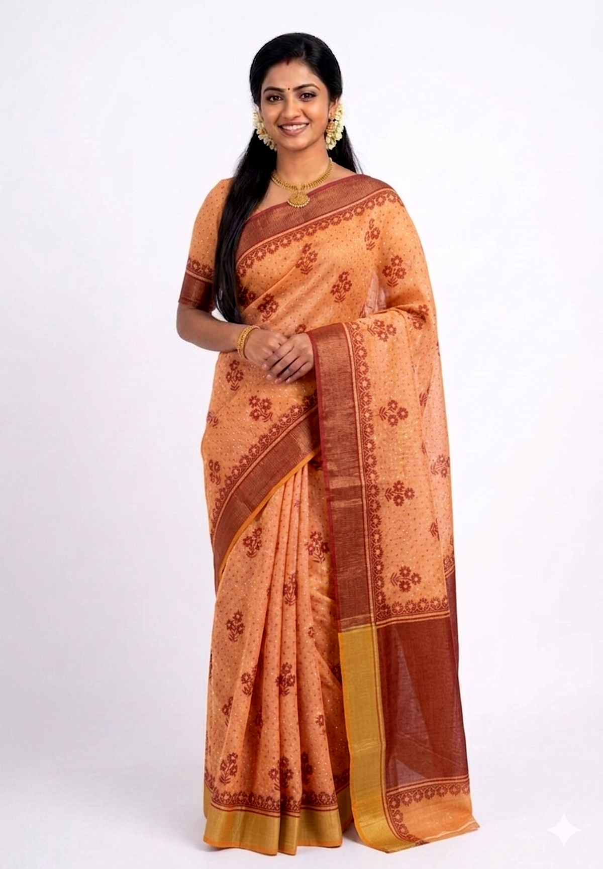 Women's Cotton Silk saree | Floral Print::Printed Golden Border with Blouse saree for women | sari 6.25 mtr | Floral Butta Festival wear, Offwhite-Blue | Green | Orange | Maroon | Sky-Blue | Soft-Pink | Peach | Light-Green - Image 7