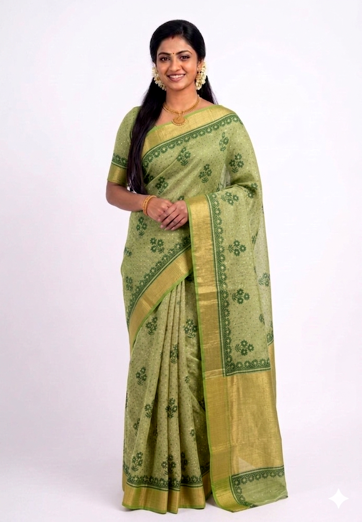 Women's Cotton Silk saree | Floral Print::Printed Golden Border with Blouse saree for women | sari 6.25 mtr | Floral Butta Festival wear, Offwhite-Blue | Green | Orange | Maroon | Sky-Blue | Soft-Pink | Peach | Light-Green - Image 8
